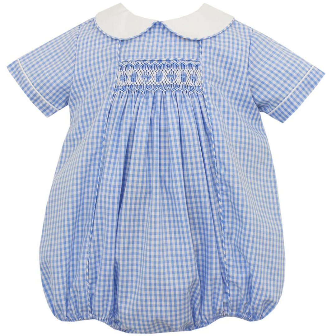 Boys Blue Gingham Smocked Short Sleeve Bubble