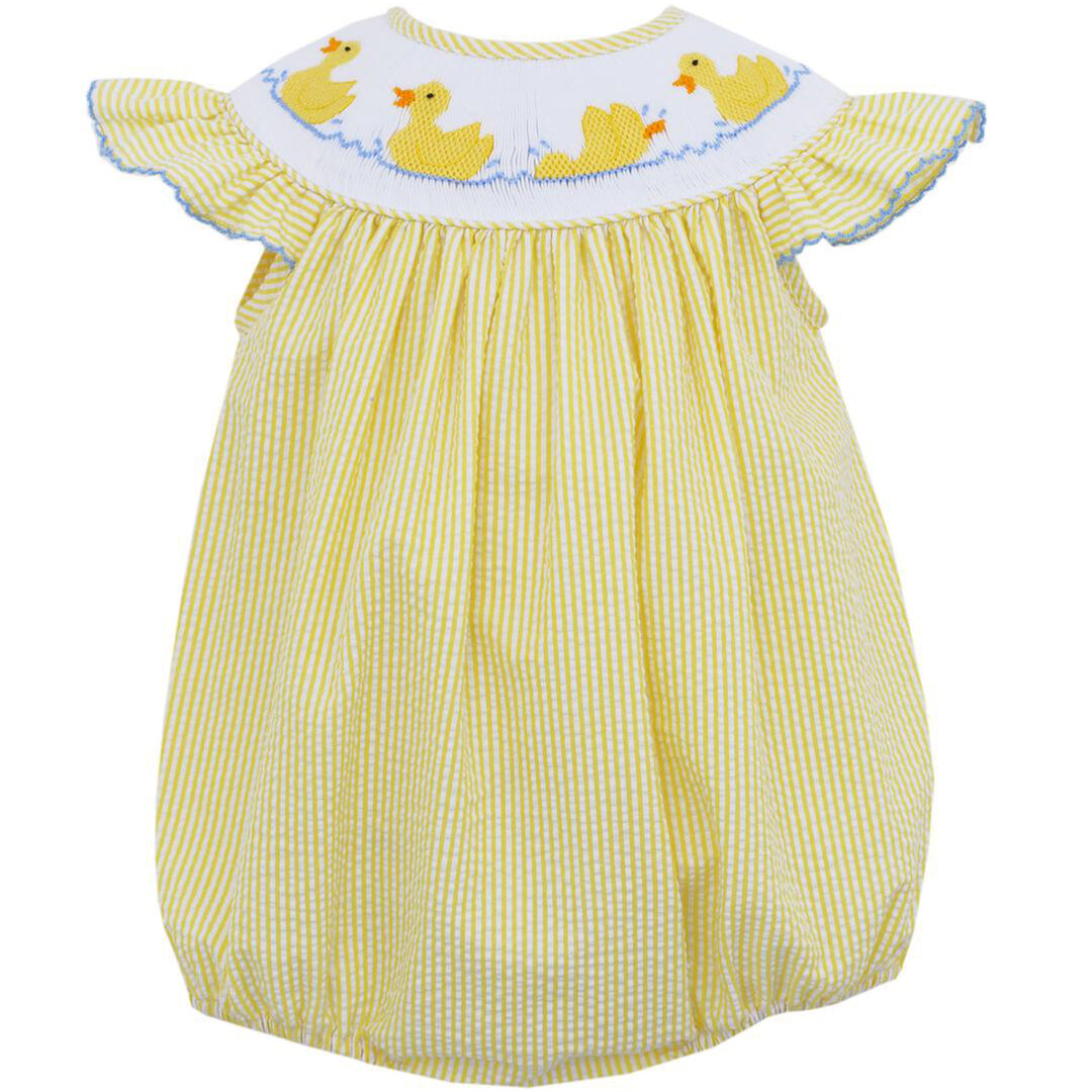 Yellow Duckies Seersucker Stripe Angel Wing Bishop Bubble