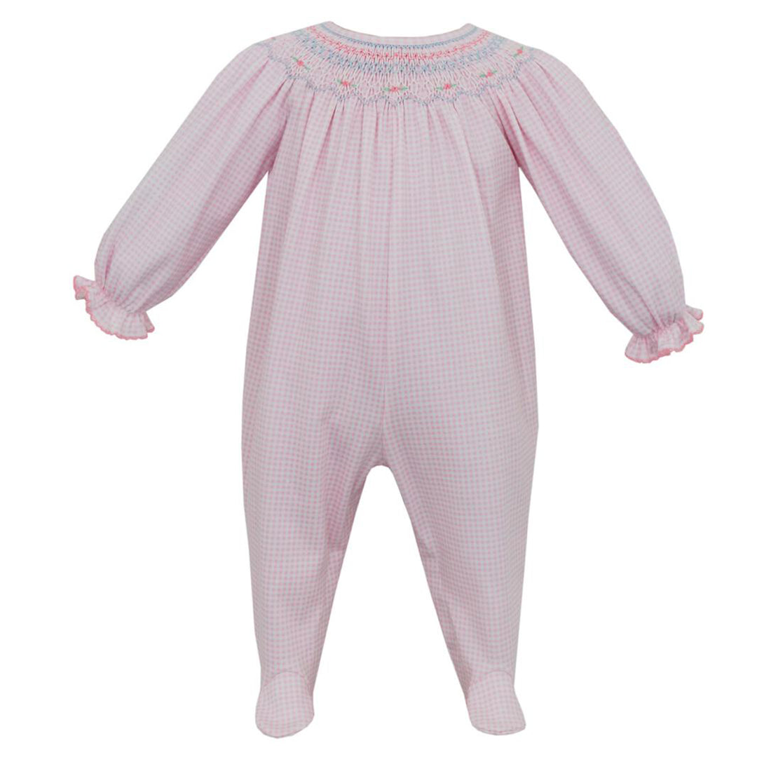 Pink Gingham Girls Smocked Grace Knit Footie