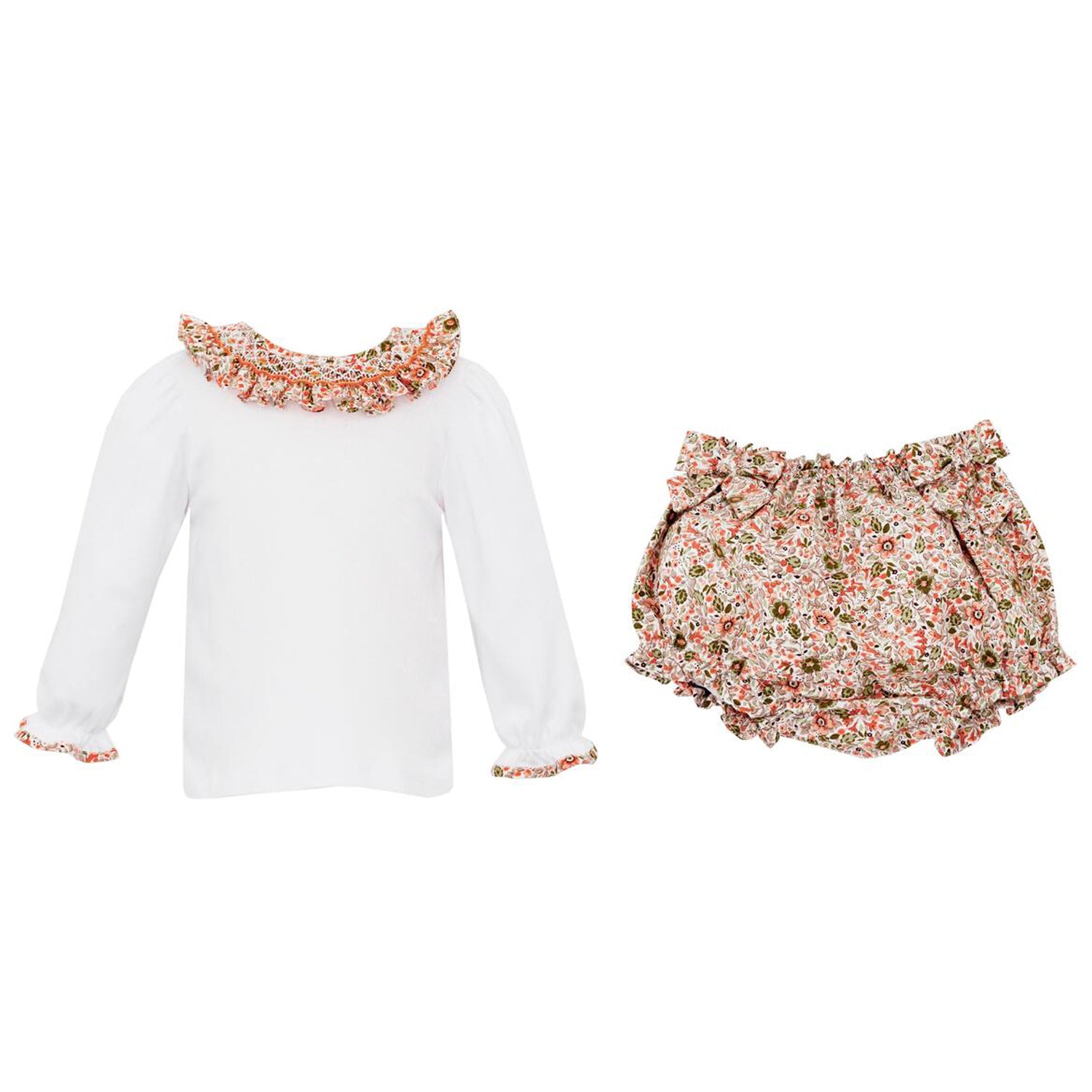 White Knit Top w/ Smocked Orange Floral Collar & Bloomers