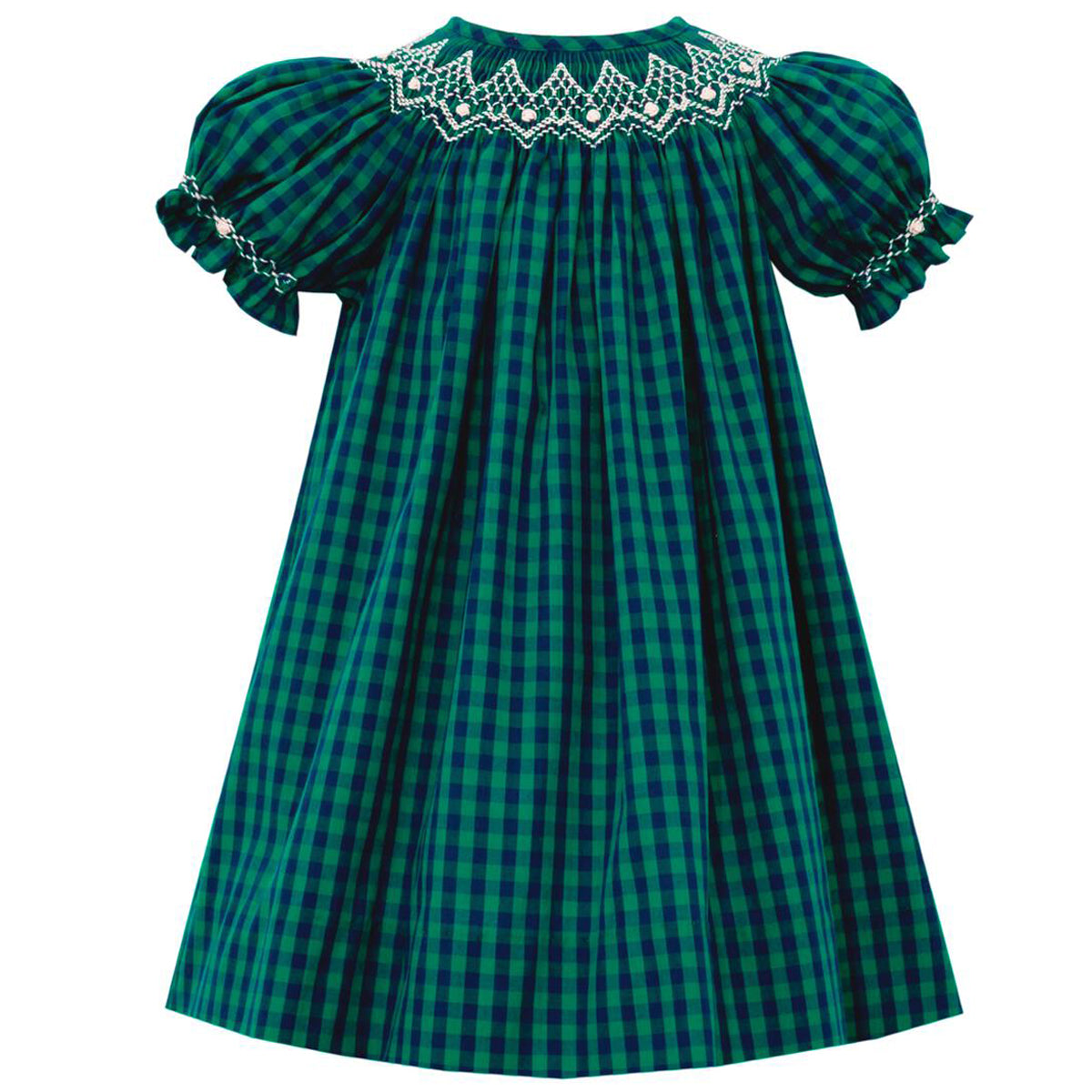 Green & Navy Gingham Short Sleeve Bishop Dress
