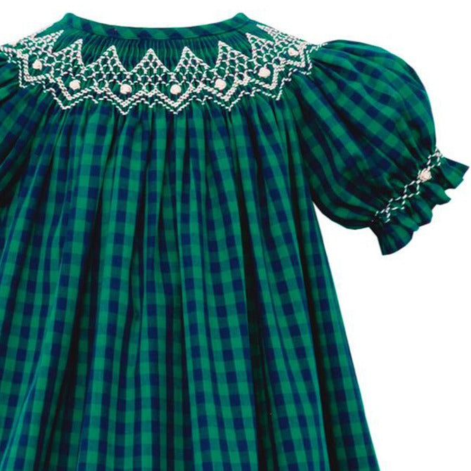 Green & Navy Gingham Short Sleeve Bishop Dress