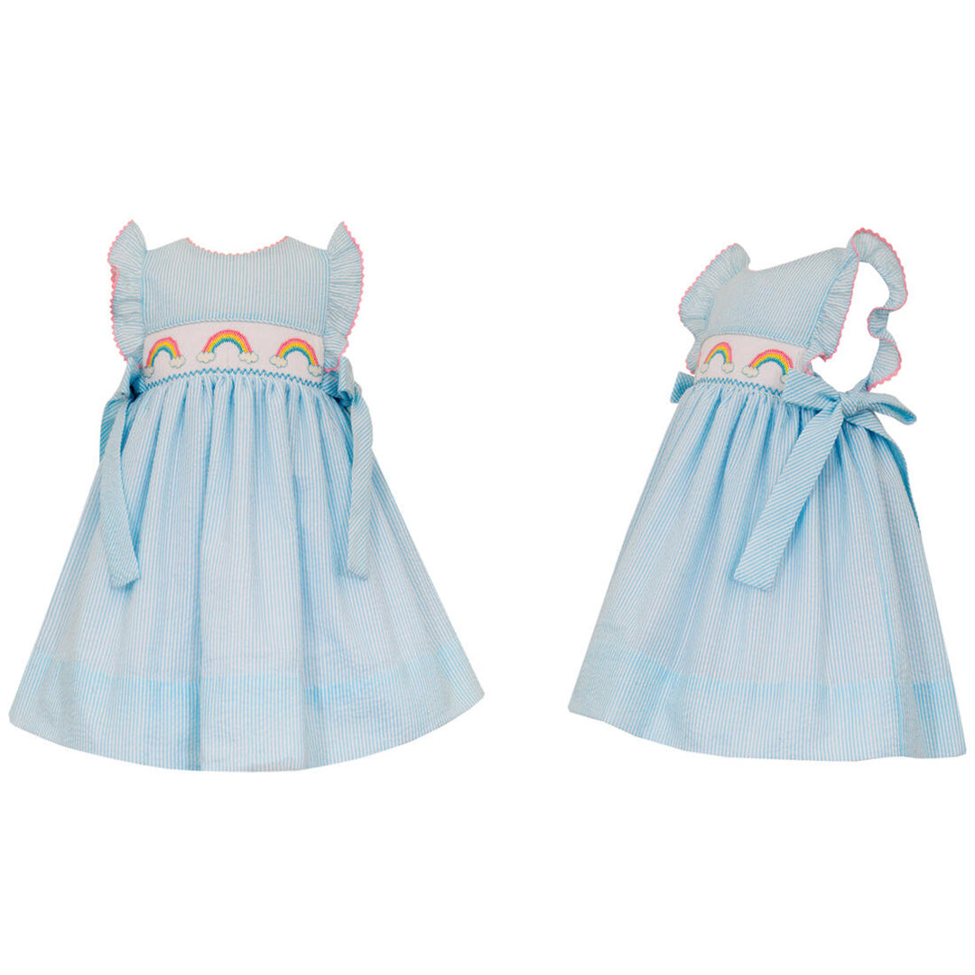 Rainbow Aqua Stripe Seersucker Dress