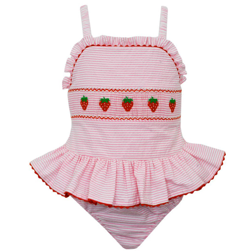 Strawberries Pink Seersucker One Piece Swimsuit