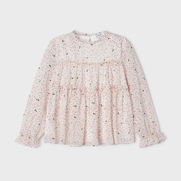 Off White Heart Print Chiffon Blouse