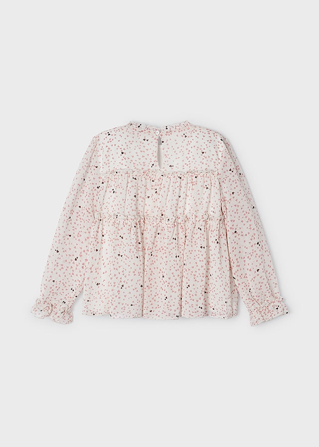 Off White Heart Print Chiffon Blouse