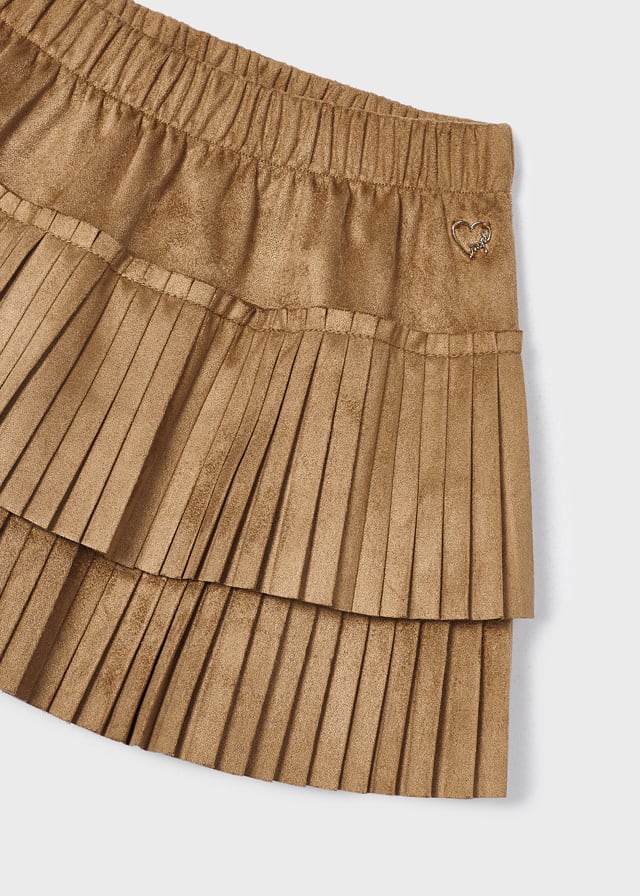 Brown Faux Suede Pleated Skirt