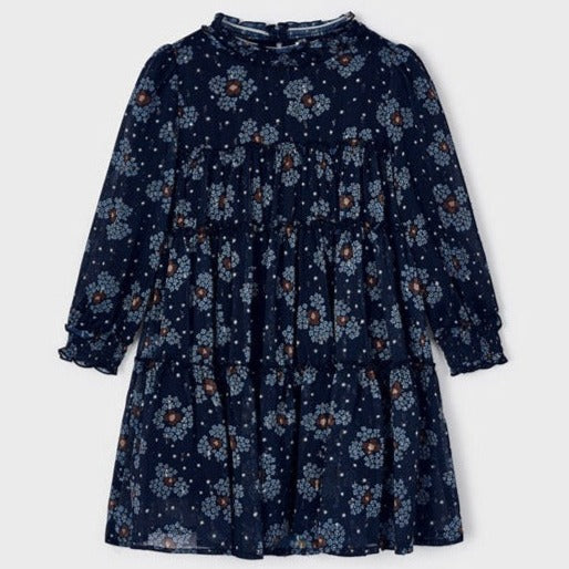 Navy Printed Chiffon Dress