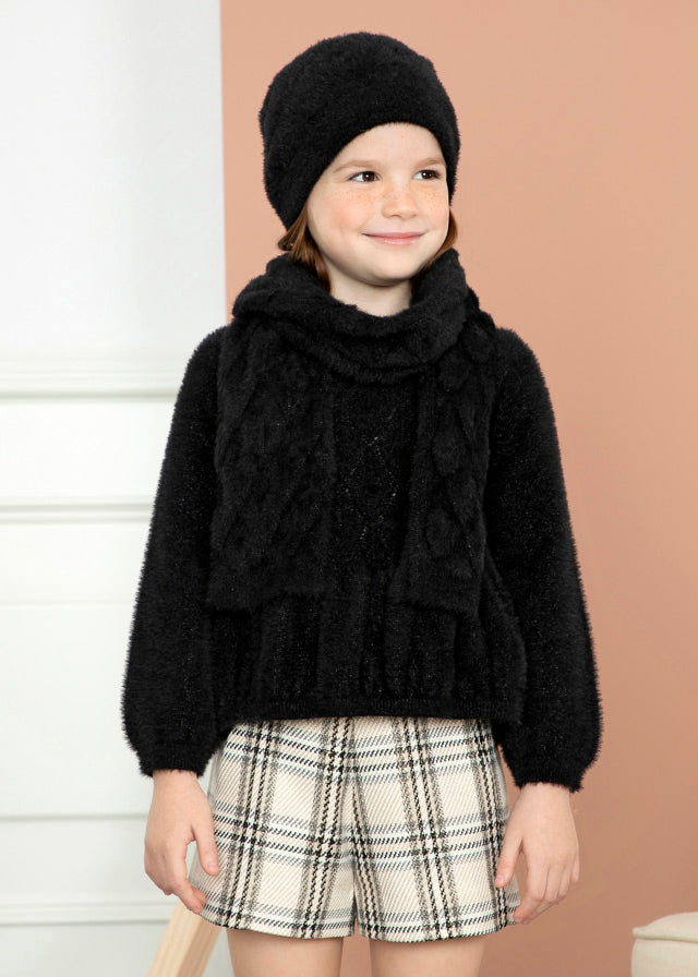 Black Shiny Openwork Faux Fur Sweater