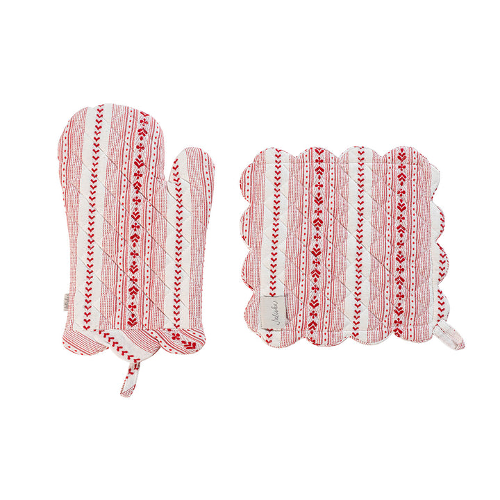 Villa Stripe Oven Mitt and Pot Holder Set/2 - Red