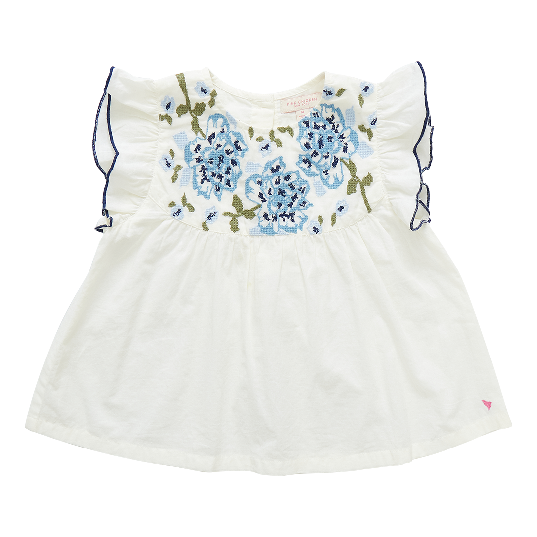 Girls Kari Top - Multi Blue Embroidery