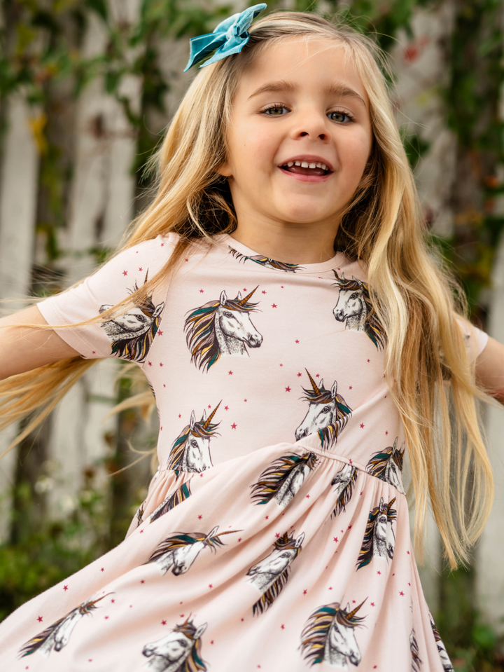 Girls Bamboo Steph Dress - Pink Unicorns