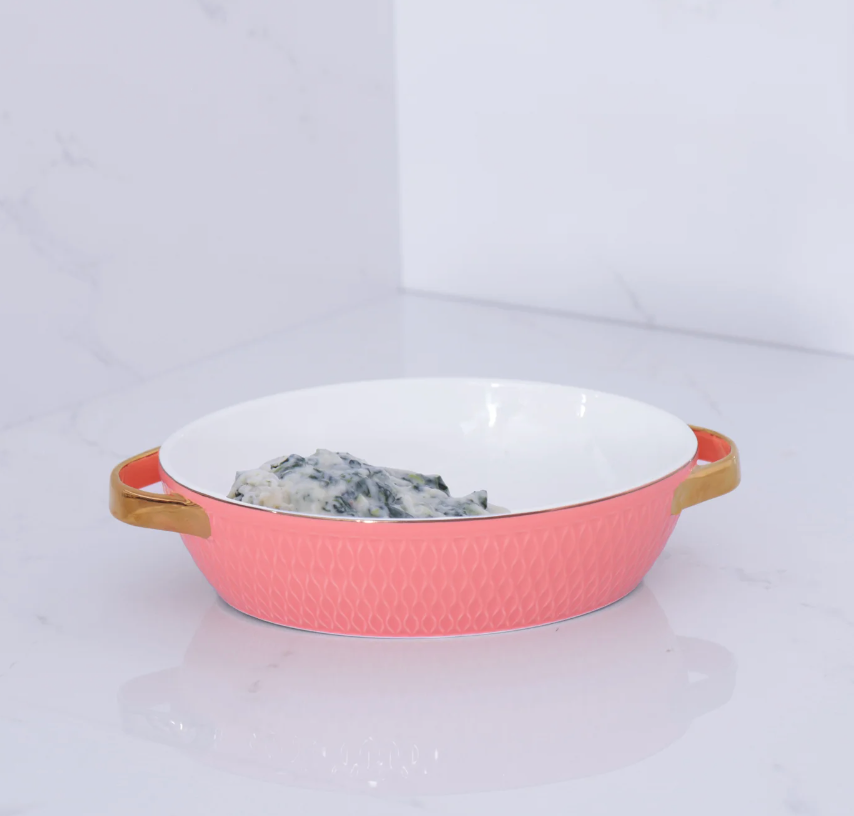 Ceramic Small Oval Baker with Gold Handles (Salmon)
