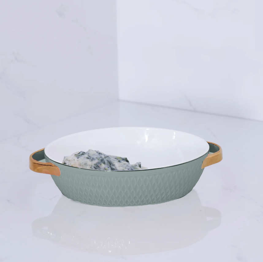 Ceramic Small Oval Baker with Gold Handles (Sage)