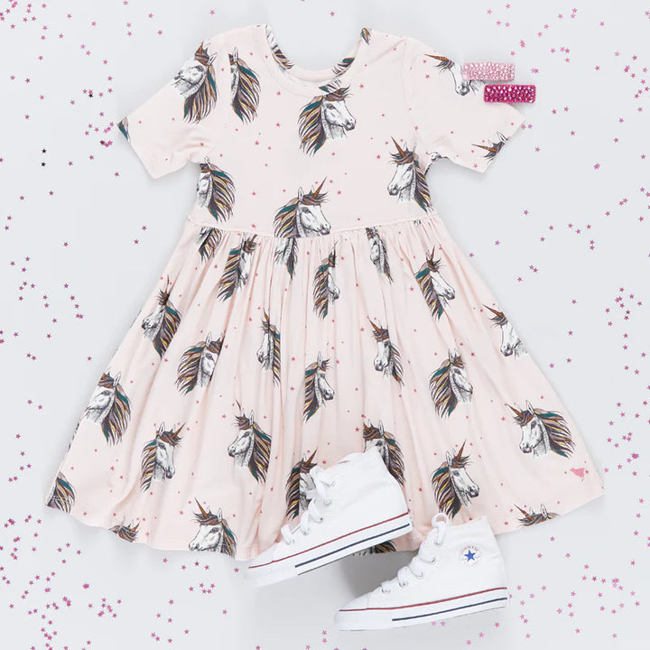 Girls Bamboo Steph Dress - Pink Unicorns