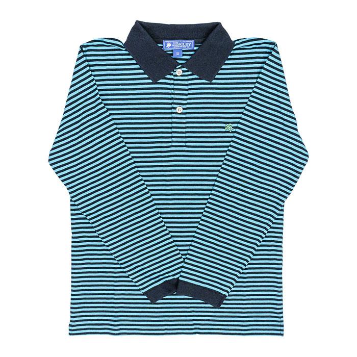 Henry Long Sleeve Polo - Turquoise and Navy Stripe