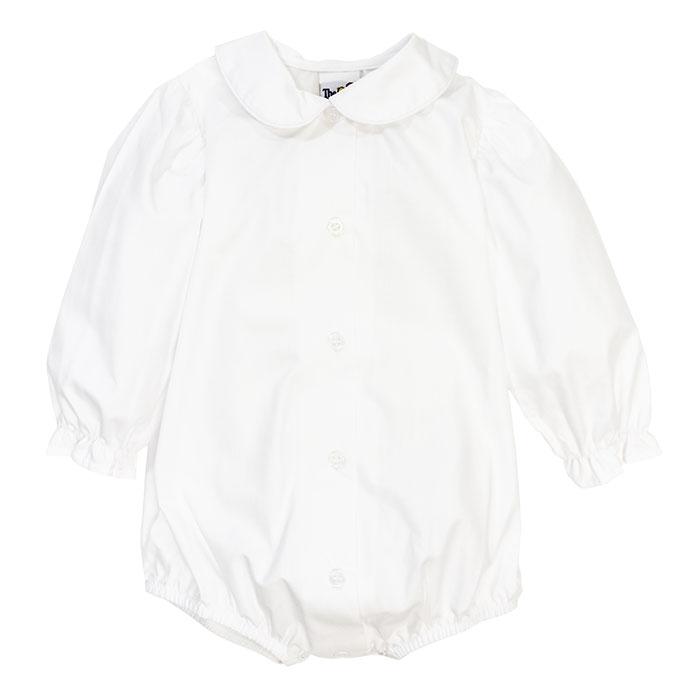 Girls White Piped Peter Pan Long Sleeve Button Down Blouse With Snaps