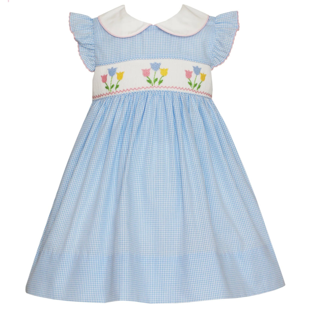 Blue Gingham Smocked Tulips Dress
