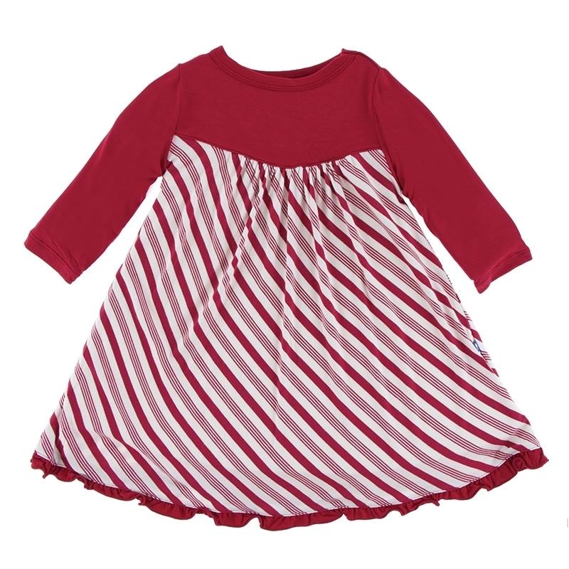 Christmas Crimson Candy Cane Stripe Classic Long Sleeve Swing Dress