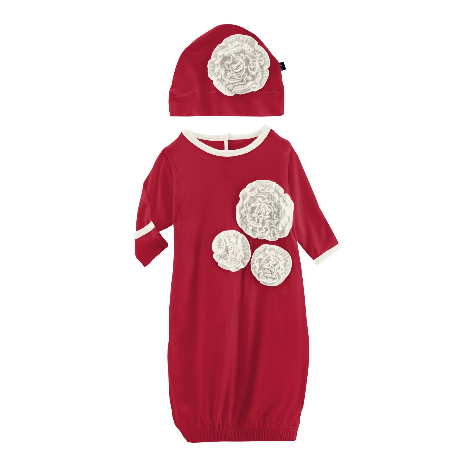 Crimson With Natural Dahlia Flower Layette Gown & Flower Hat Set