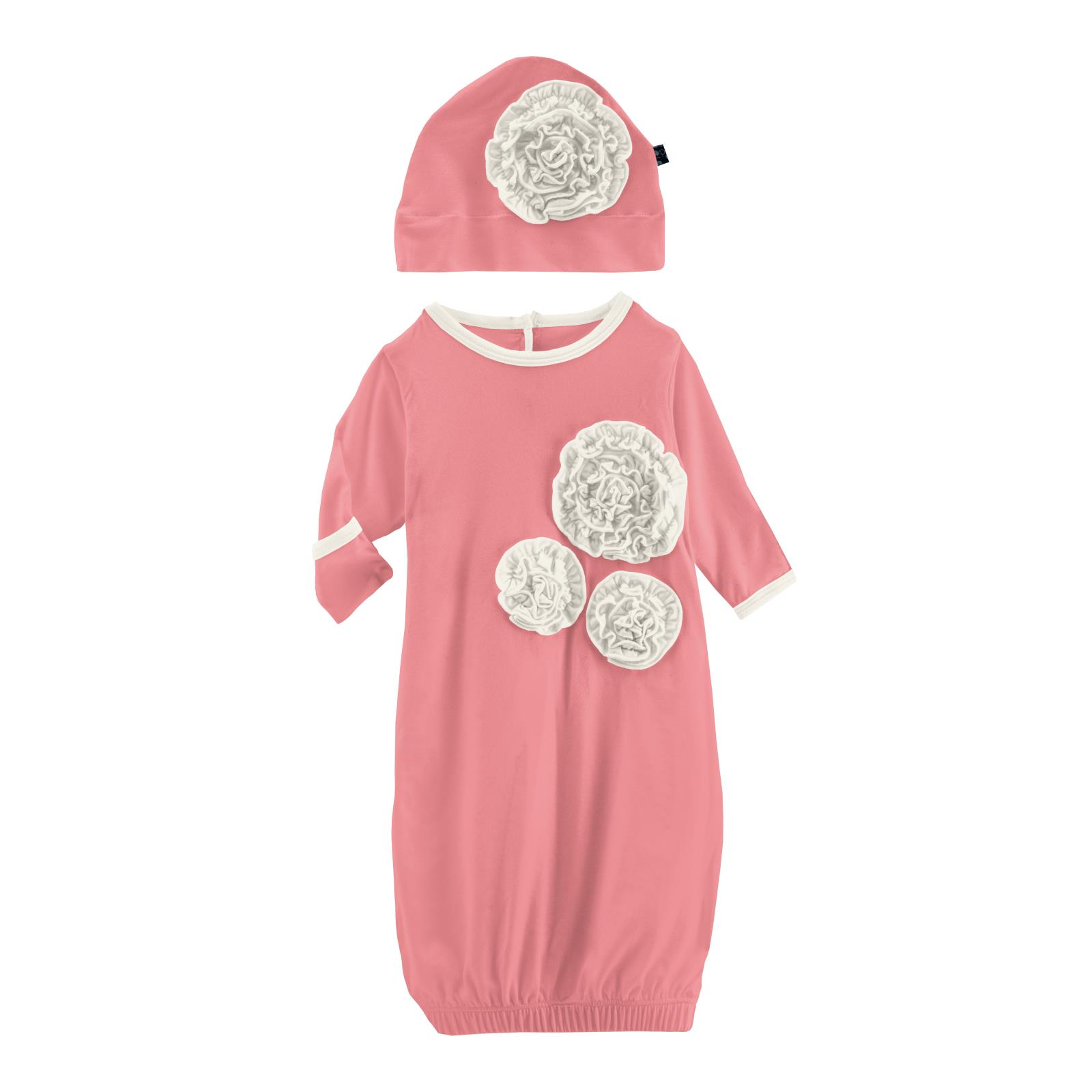 Strawberry With Natural Dahlia Flower Layette Gown & Flower Hat Set