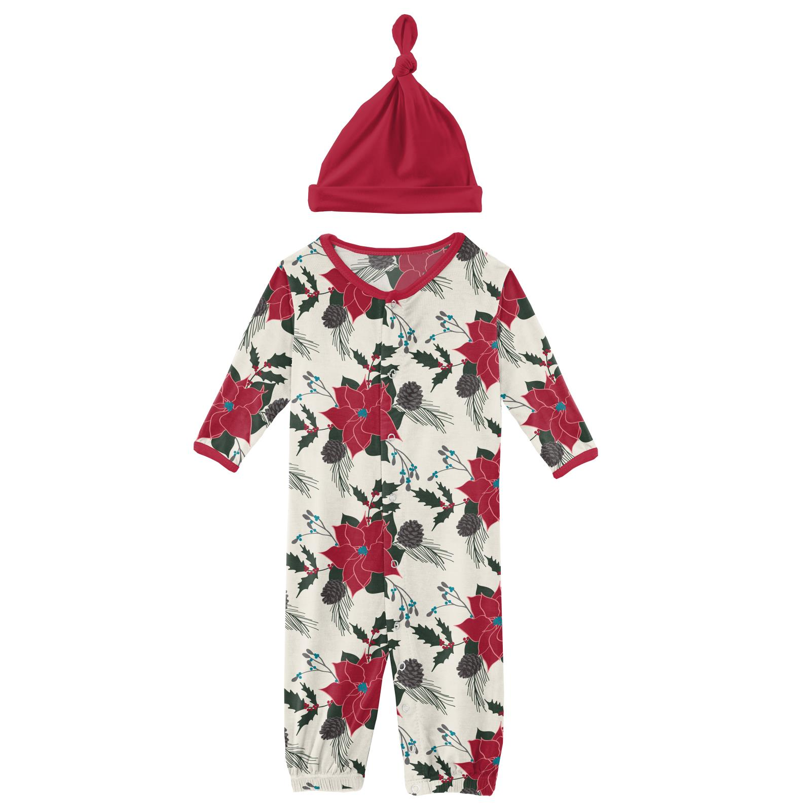 Christmas Floral Layette Gown Converter & Single Knot Hat Set