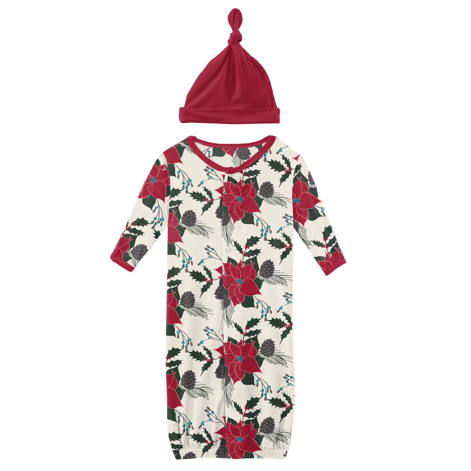 Christmas Floral Layette Gown Converter & Single Knot Hat Set