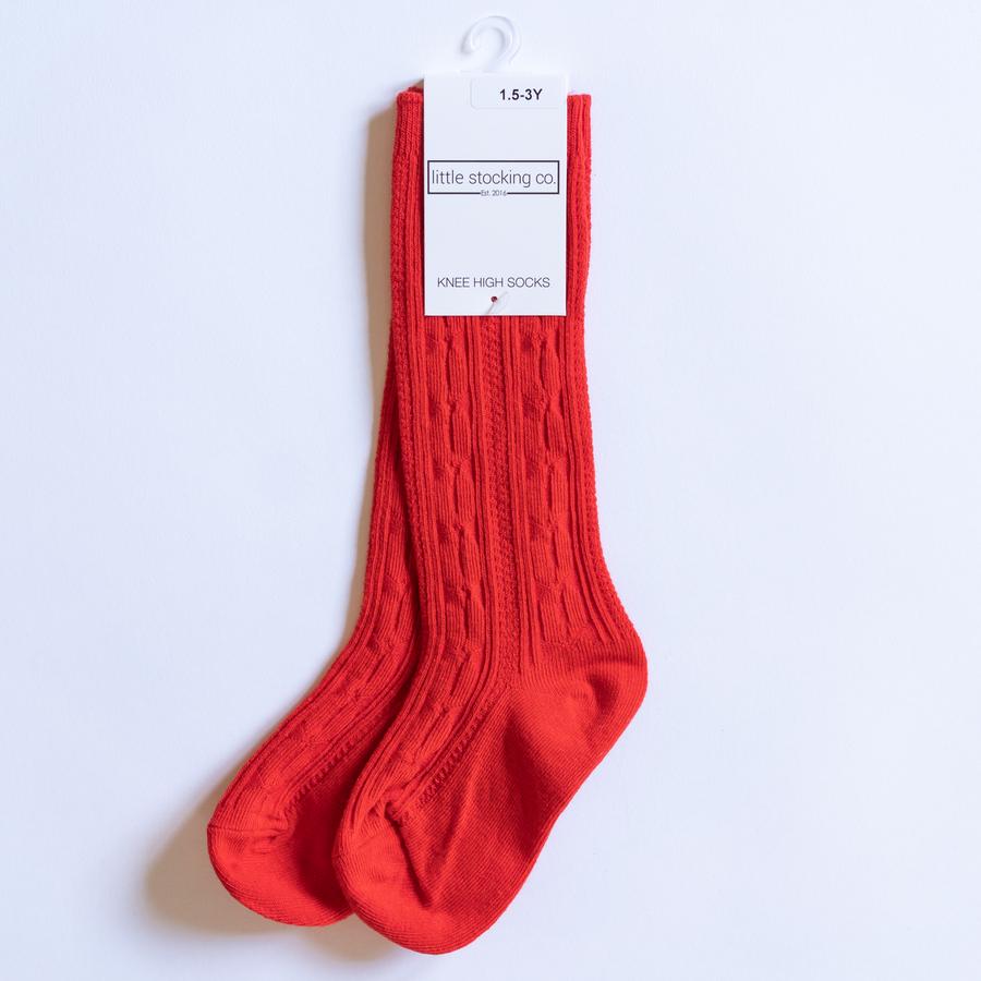 Bright Red Cable Knit Knee High Socks