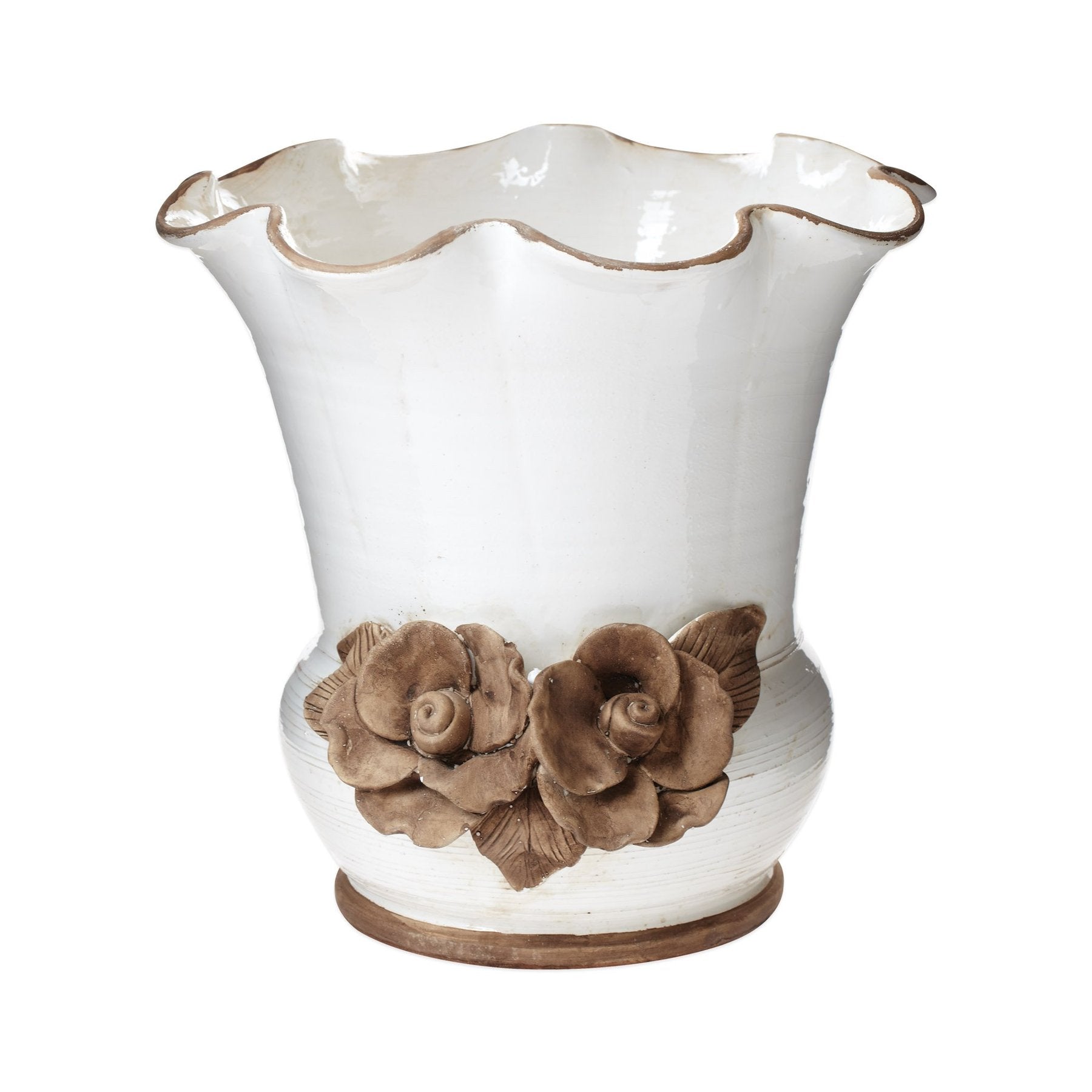 Rustic Garden White Scalloped Planter With Flowers