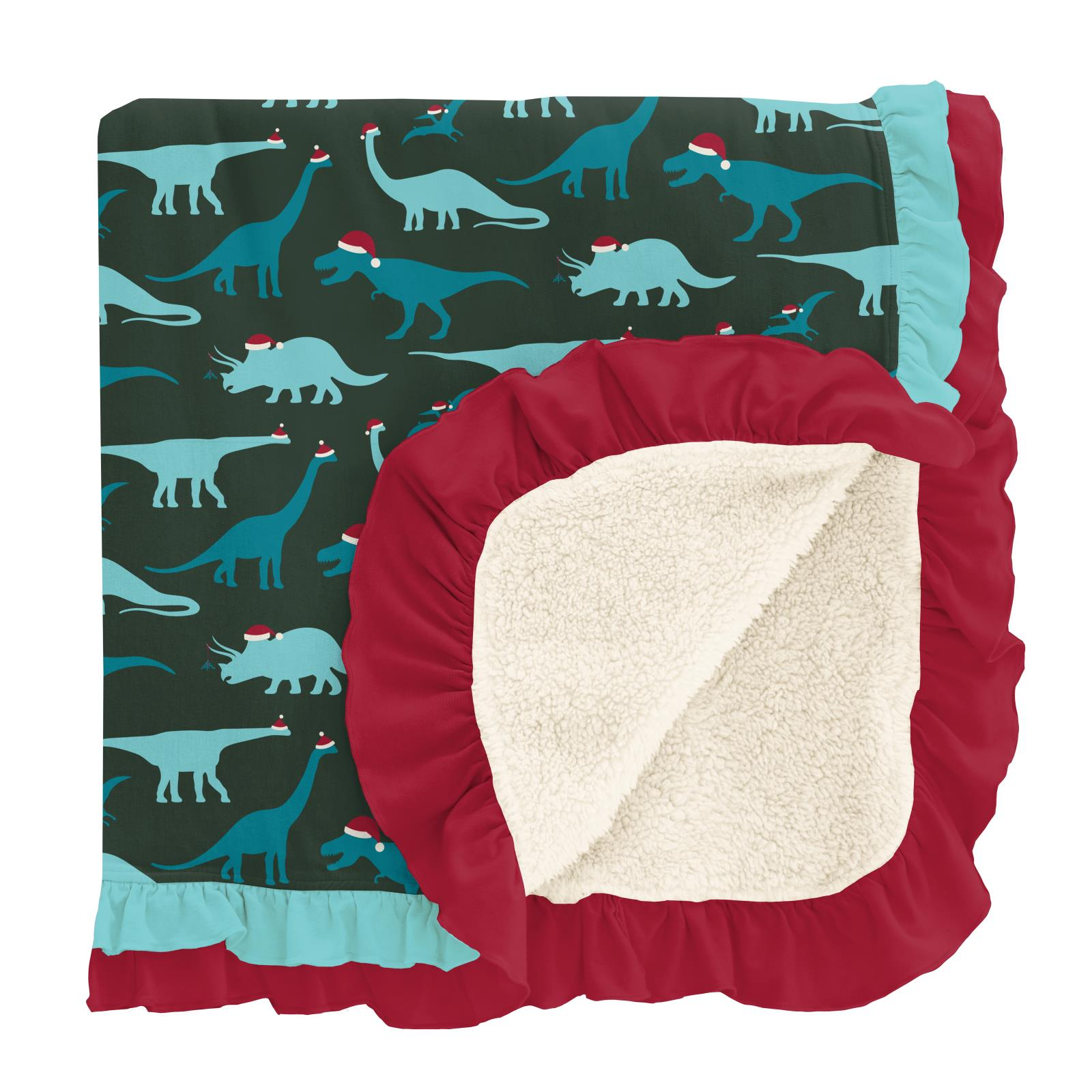 Santa Dinos Sherpa-Lined Double Ruffle Toddler Blanket