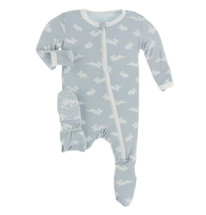 Pearl Blue Bunny Footie With Zipper