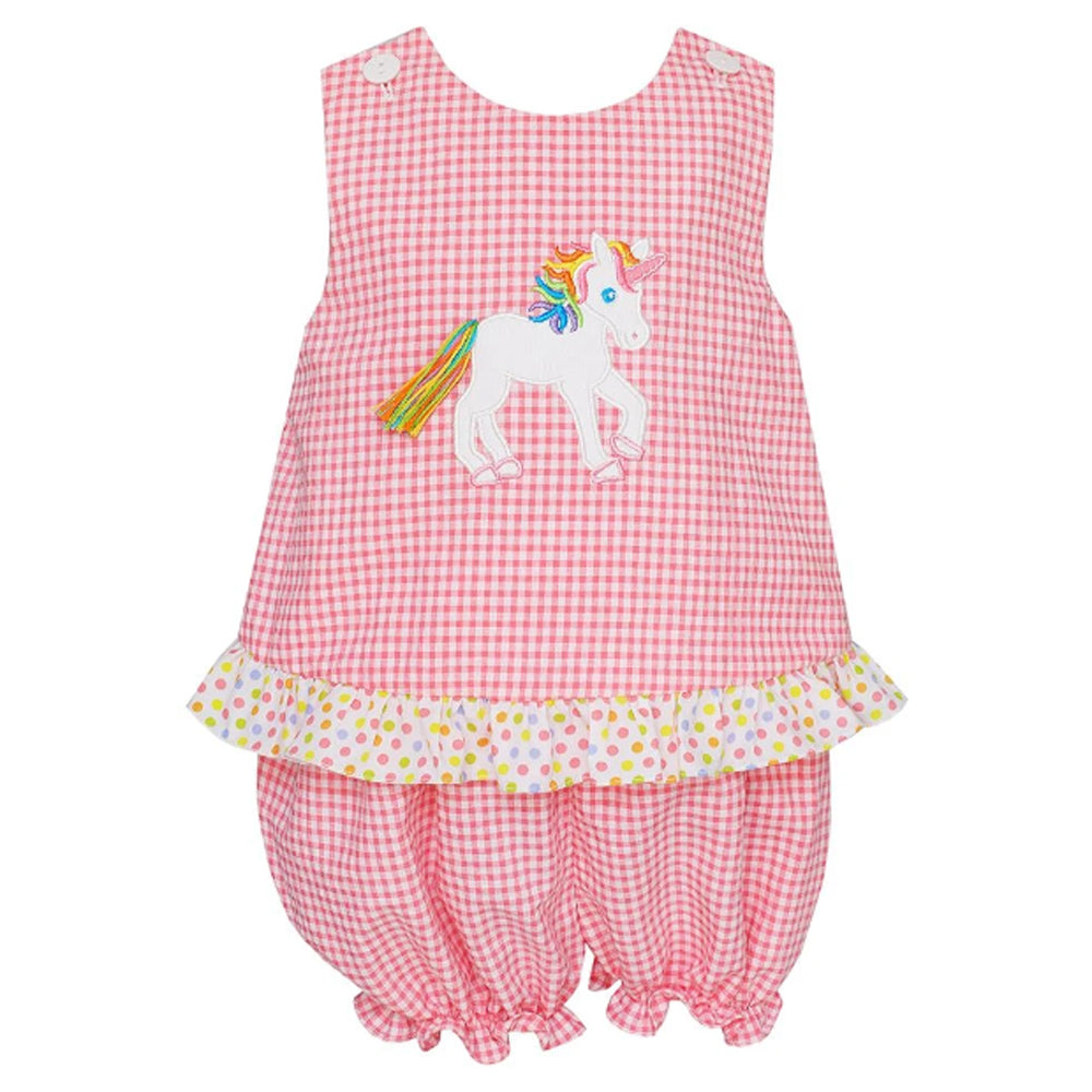 Pink Gingham Seersucker Unicorn Bloomers Set