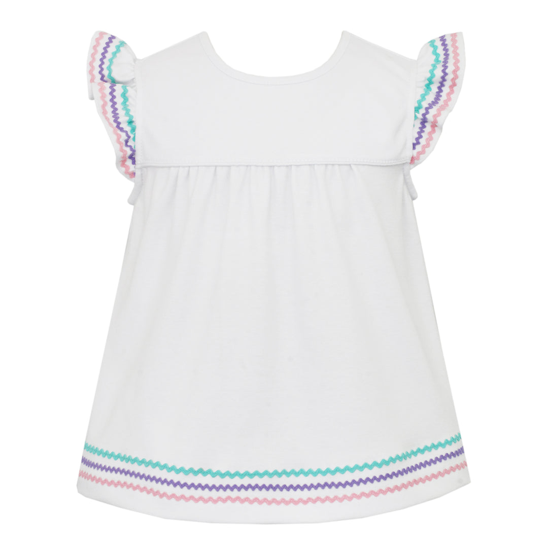 White Knit Blouse With Multi-Colored Trim