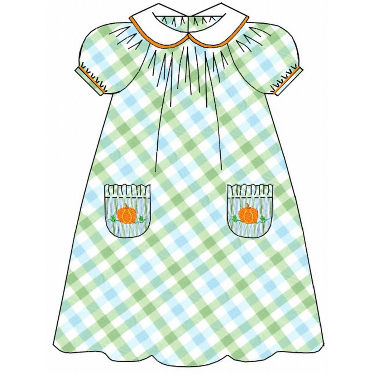 Plaid Pumpkin Float Dress With White Collar & Smocked Pockets