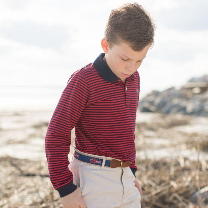 2 Button Navy & Red Stripe Long Sleeve Polo