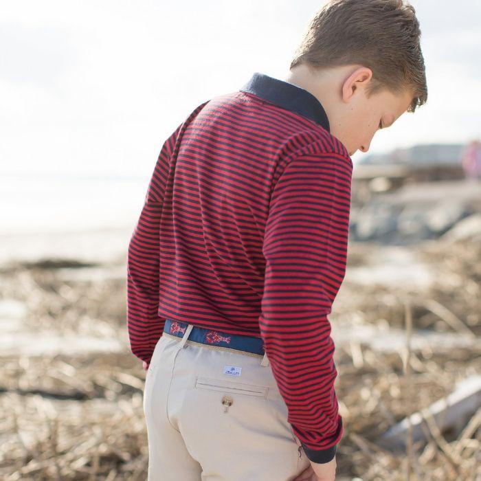 2 Button Navy & Red Stripe Long Sleeve Polo