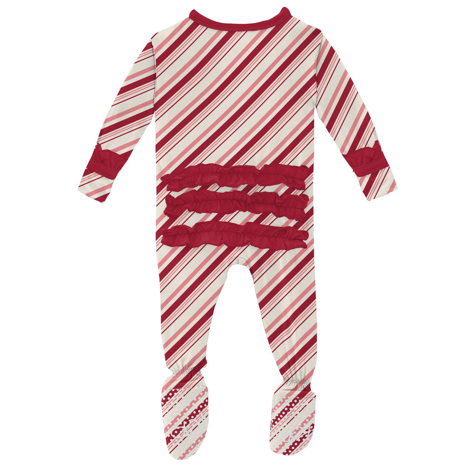 Strawberry Candy Cane Classic Ruffle Footie with Zipper