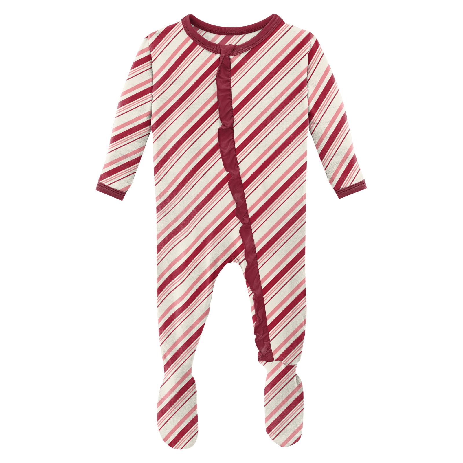 Strawberry Candy Cane Classic Ruffle Footie with Zipper