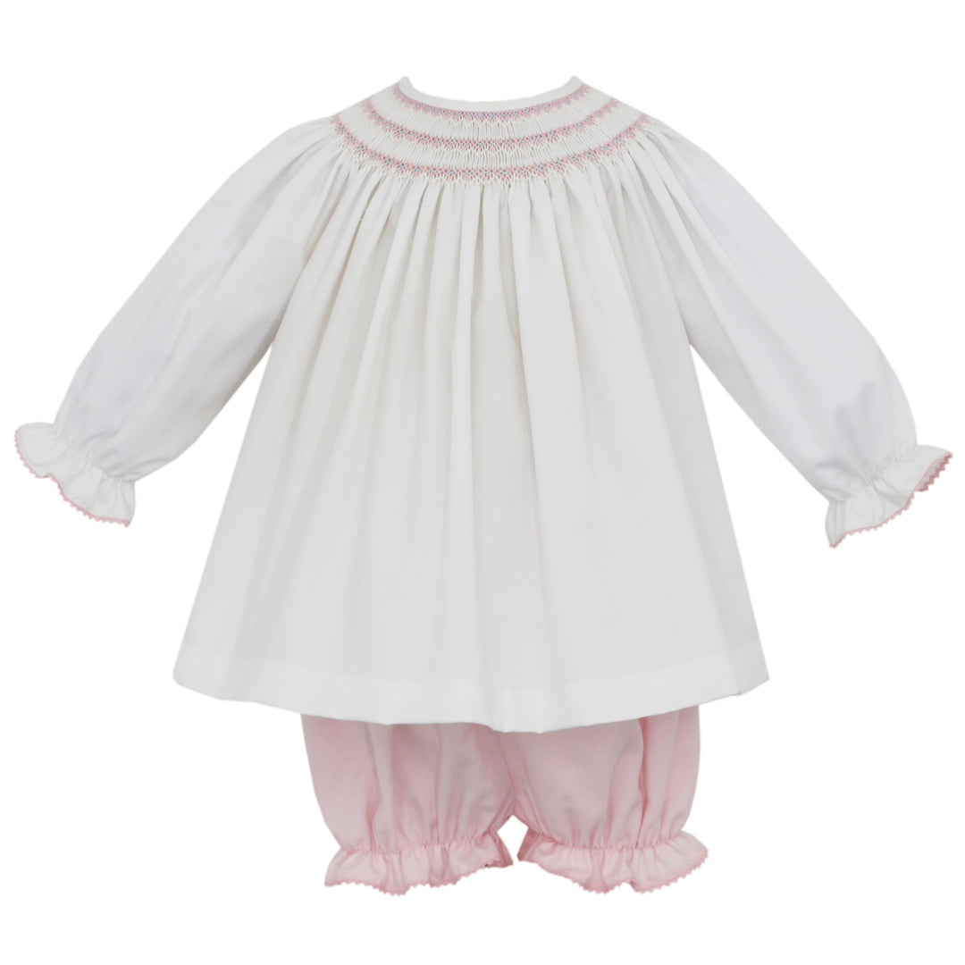 Chloe White & Pink Smocked Bishop Bloomer Set