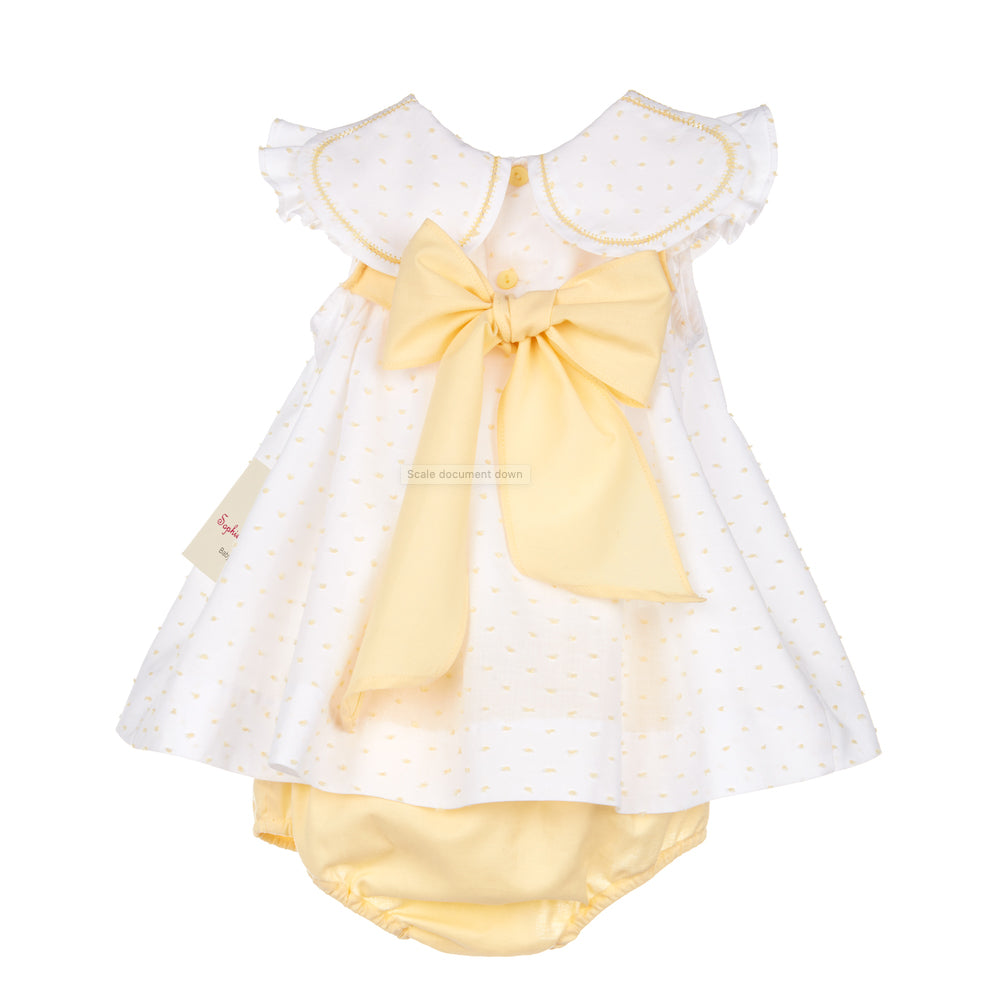 Yellow Swiss Dot Petal Collar Bow Dress With Bloomers