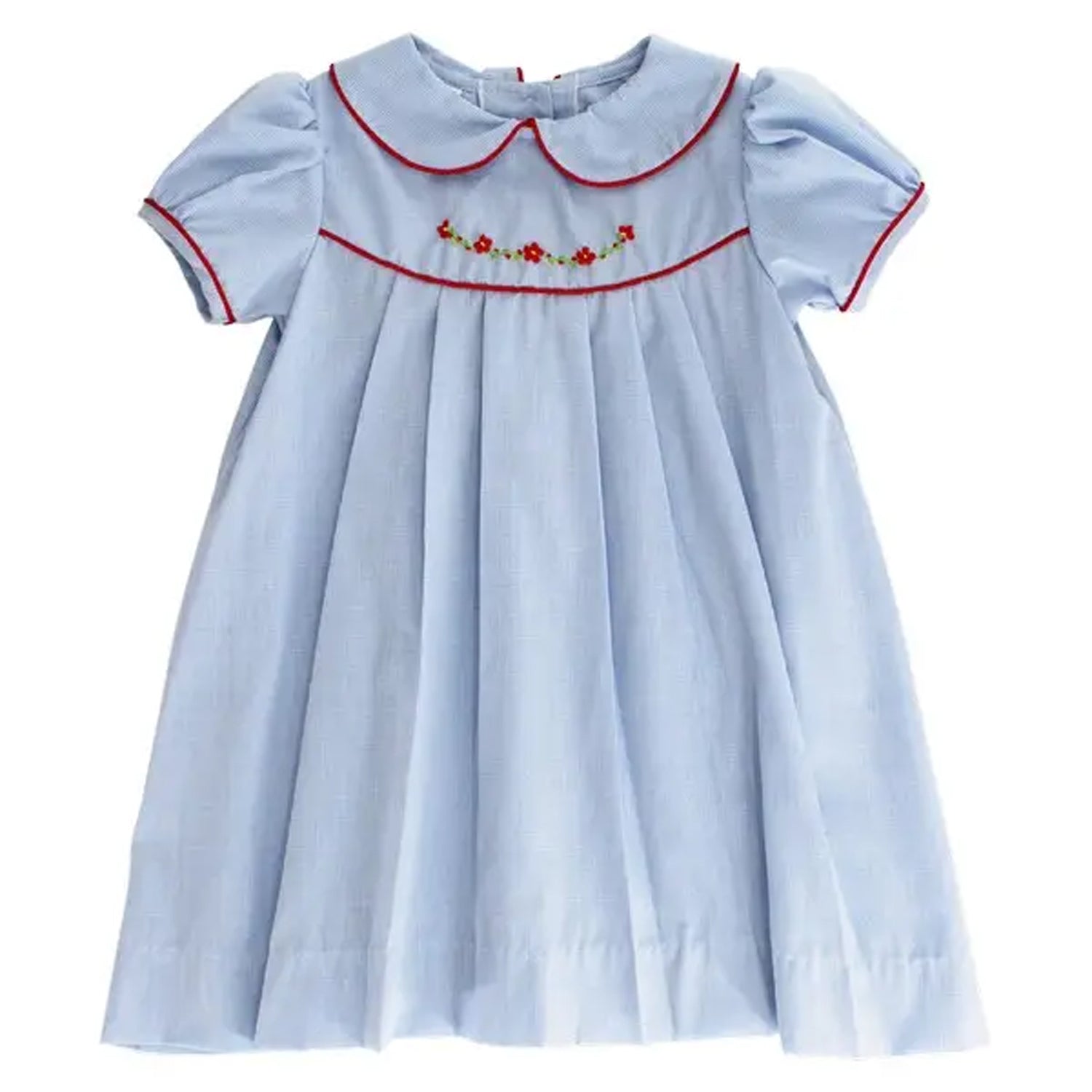 Blue Microcheck With Red Embroidery Dress