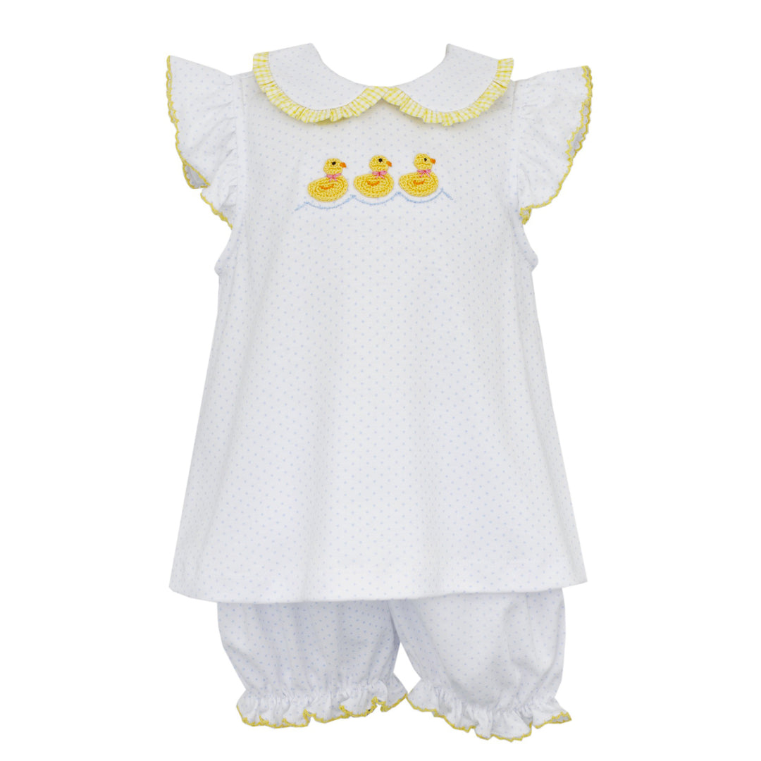 White & Blue Dots Duckies Knit Bloomer Set