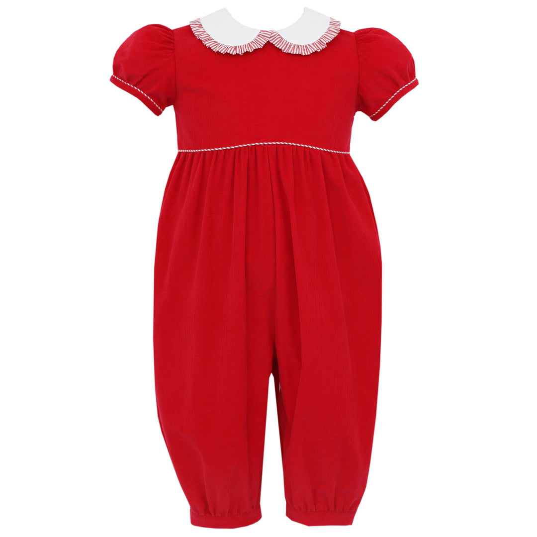 Red Long Romper With White Collar & Ruffle Trim