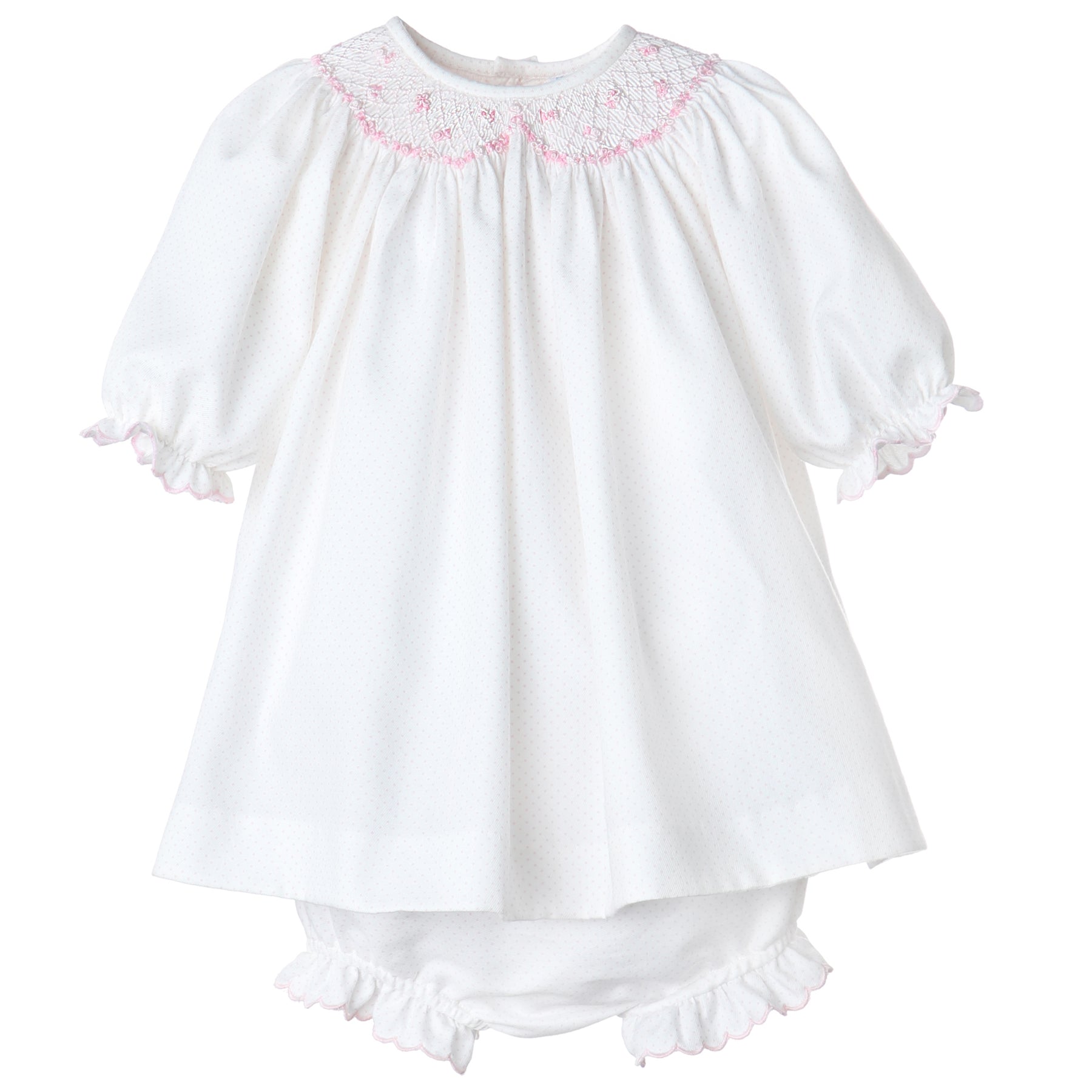 Smocked Pink Dot Bishop Dress With Bloomers