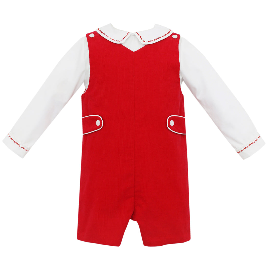 Ethan Red Corduroy Short John John With White Long Sleeve Shirt