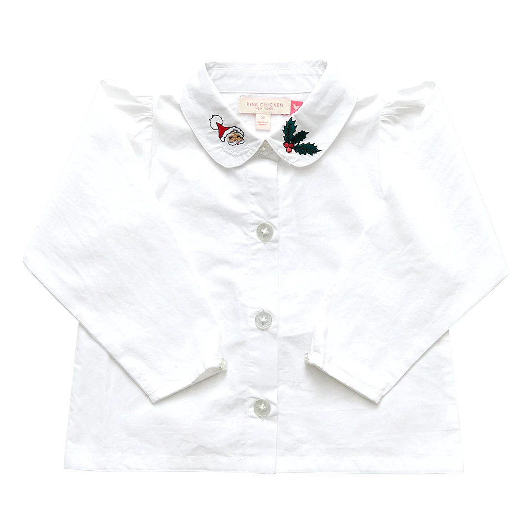 White Holiday Embroidery Collar Girls Shirt