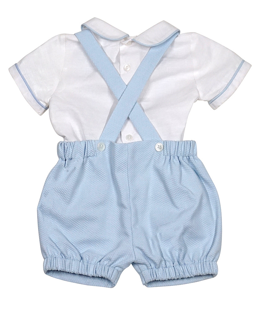 Contrast-Piping Shirt w/ Suspender Piqué Shorts