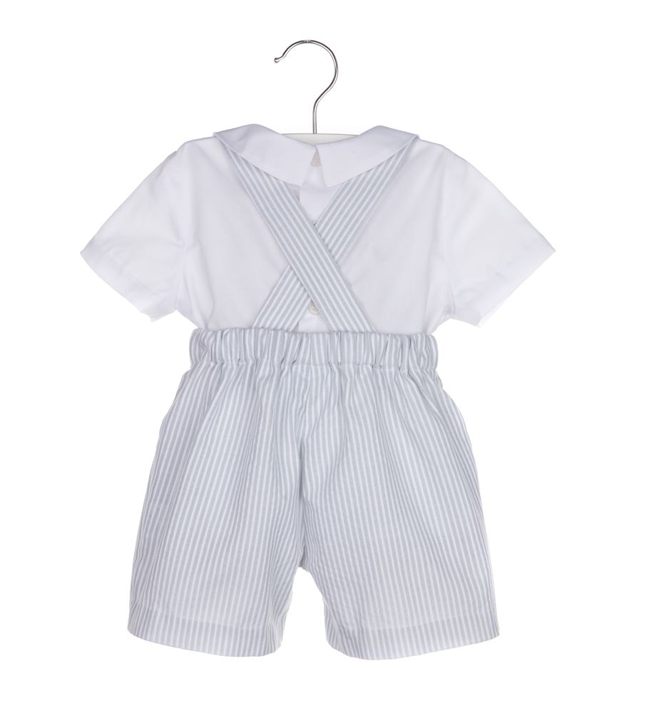 Grey Striped Smocked Bunny Overall with White Shirt 