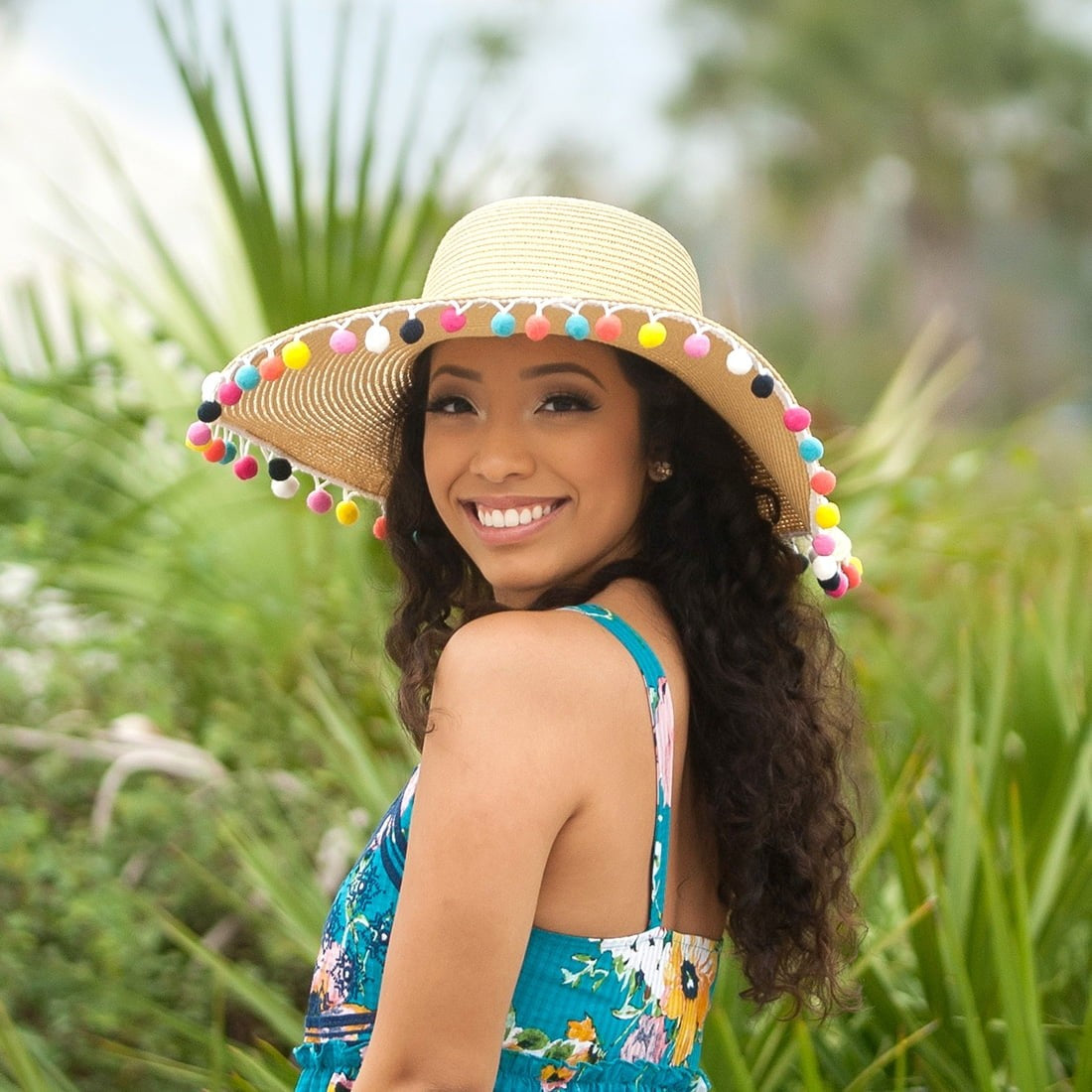 Multicolor Pom-Pom Floppy Hat