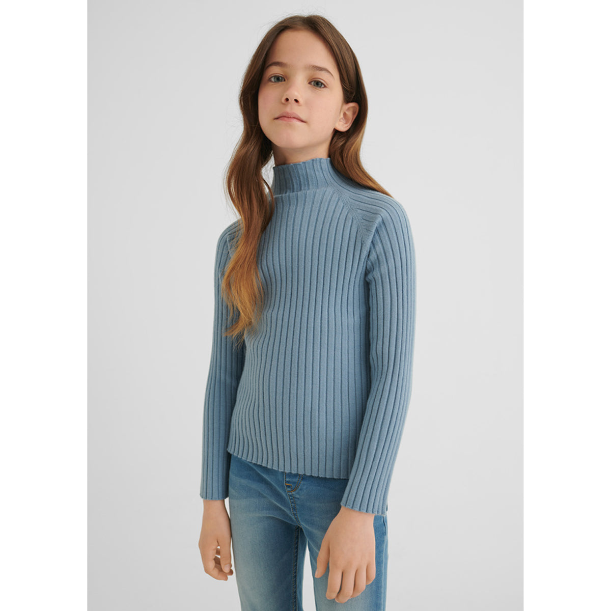 French Blue Ribbed High Neck Sweater